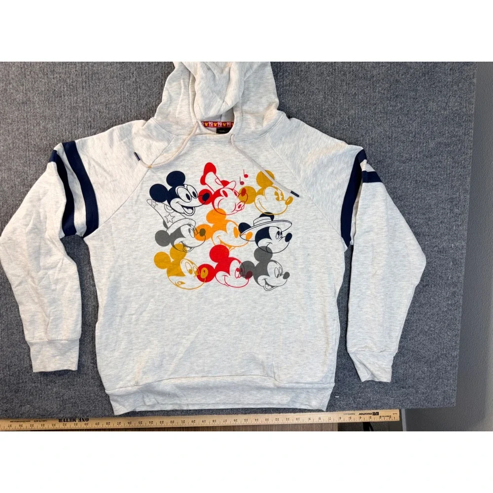 Disney Mickey Mouse 90 Years Hoodie Medium Grey Navy Stripe Graphic Pullover MD